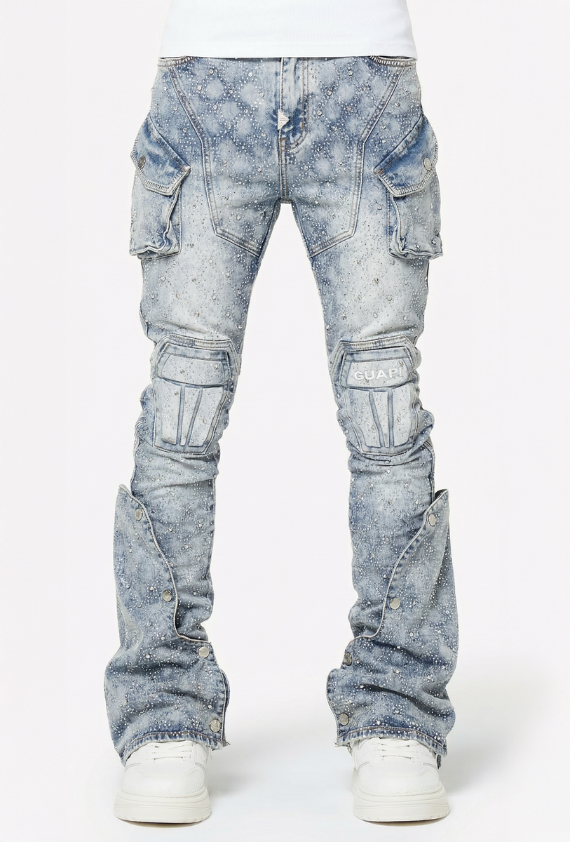 【GUAPI】Aqua Blue Coffin Arc Embellished Denim
