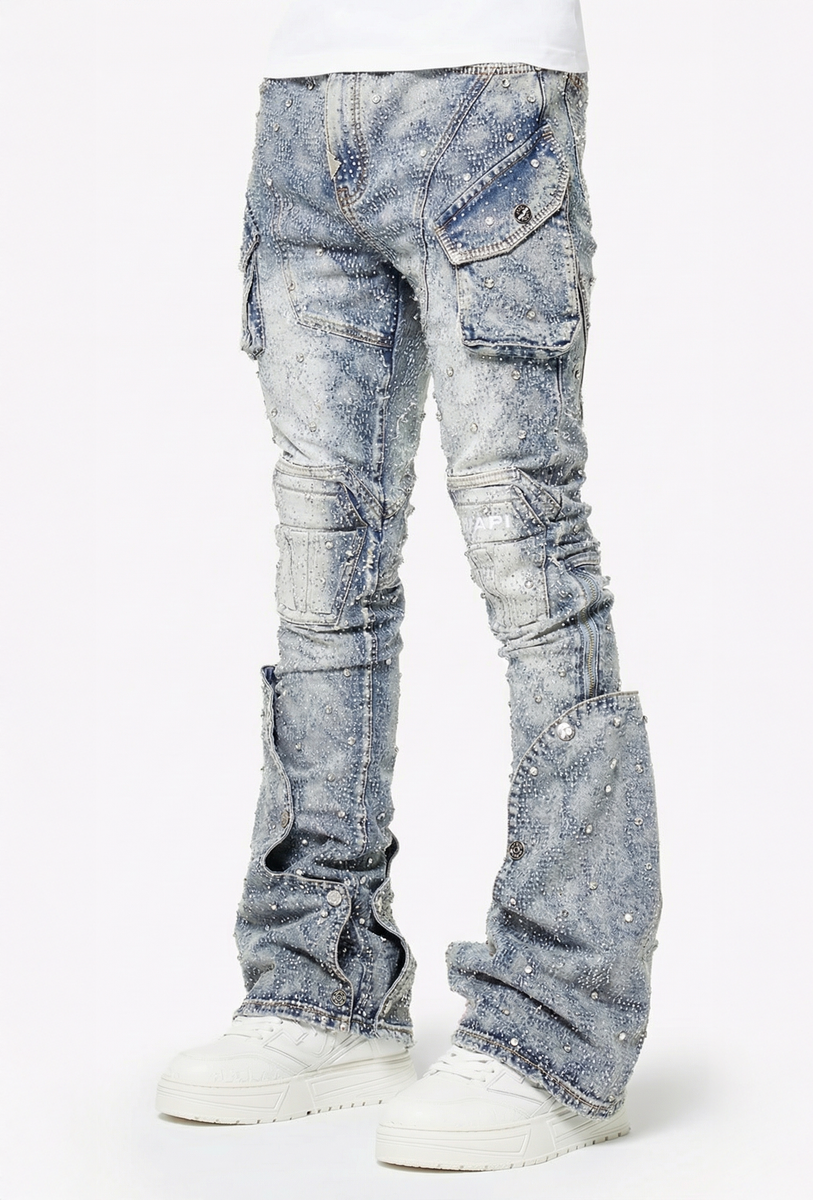 【GUAPI】Aqua Blue Coffin Arc Embellished Denim