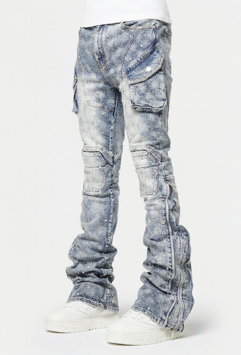 【GUAPI】Aqua Blue Coffin Arc Embellished Denim